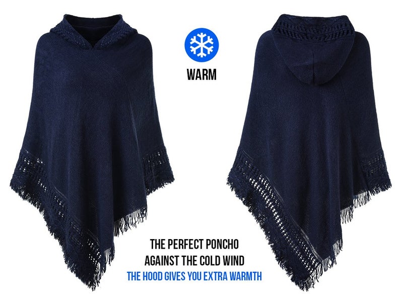 Ferand Ladies' Hooded Cape with Fringed Hem, Crochet Poncho Knitting Patterns for Women, Navy Blue - Image 3